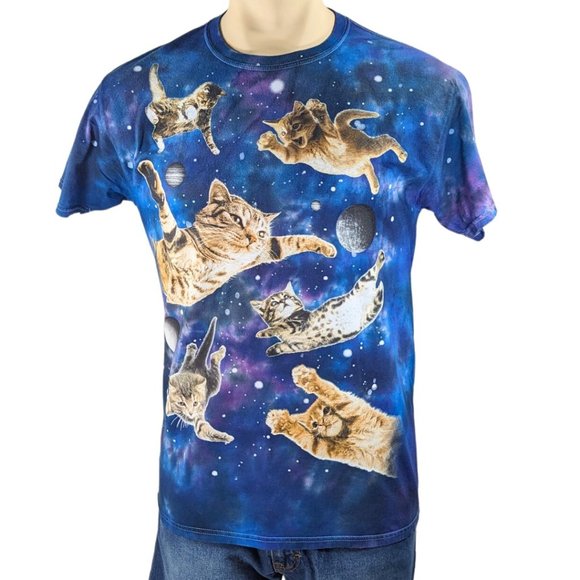 dom Other - DOM Men's Cats In Space Blue Tie Dye Short Sleeve Cotton T-Shirt - Sz Med EUC